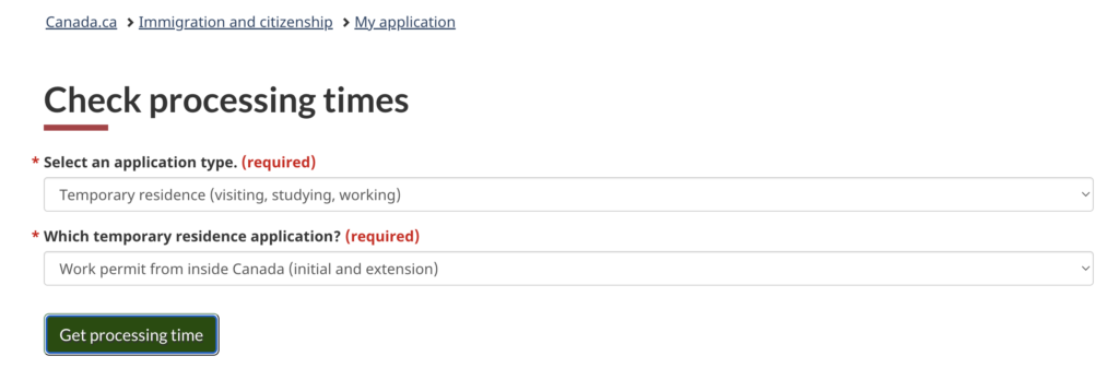 IRCC application processing times search page